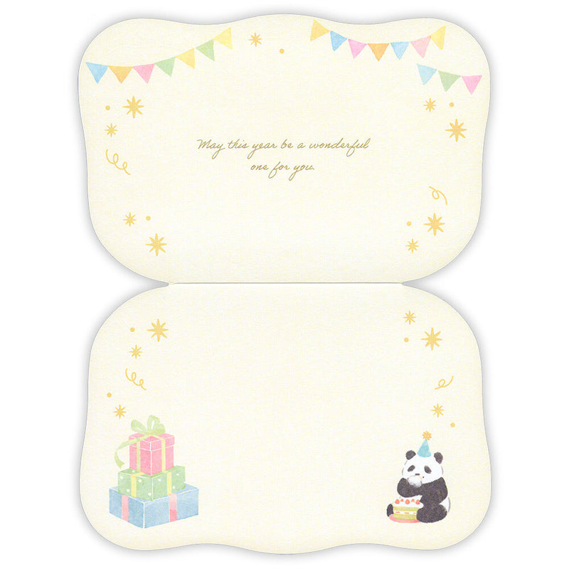 A white card with illustrations of a panda and presents on a white background