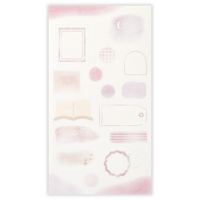 Set of decorative stickers with geometric shapes and watercolor elements on a white background