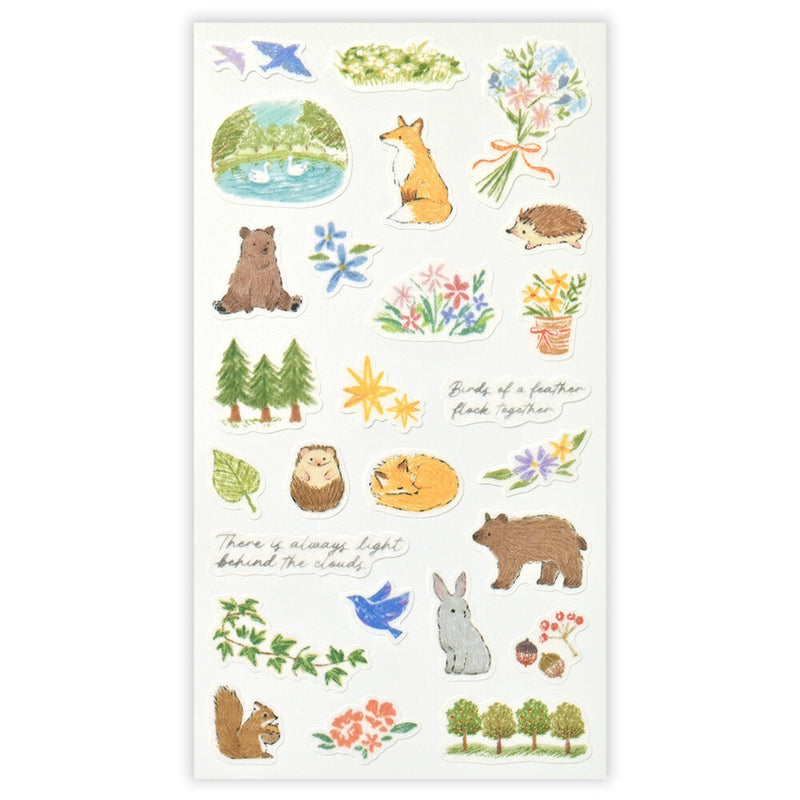 Collection of nature-themed stickers featuring animals, plants, and landscapes on a white background.