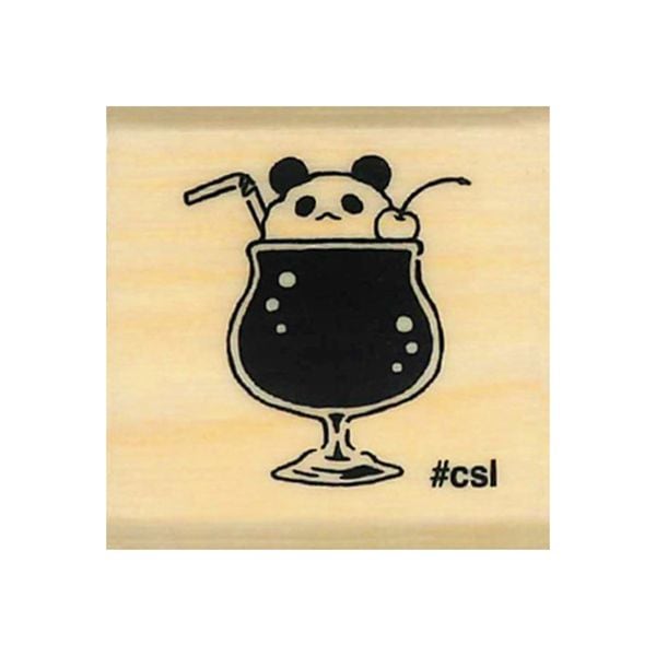 Rubber stamp with panda bear in a cocktail glass and straw on wooden block, featuring the hashtag 