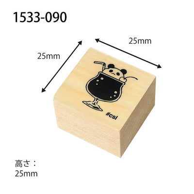 Wooden stamp block with panda design and measurements on a white background