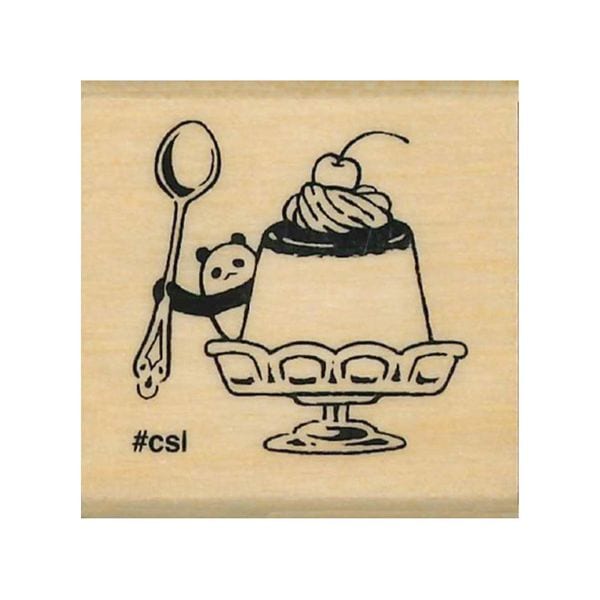 Rubber stamp with a dessert design featuring a spoon, cherry, and panda bear on a wooden block.