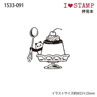 Illustration of a dessert with a panda holding a spoon on a white background, featuring the brand 'I ❤️ STAMP'.