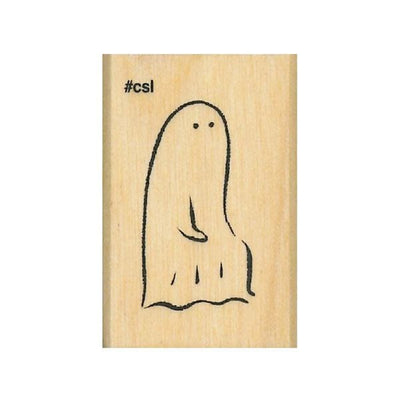 Wooden stamp with a ghost design and '#csi' text on a white background