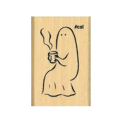 Wooden stamp with a ghost holding a coffee cup and '#csi' text on a white background