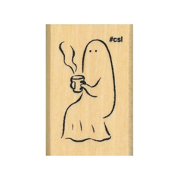 Wooden stamp with a ghost holding a coffee cup and &