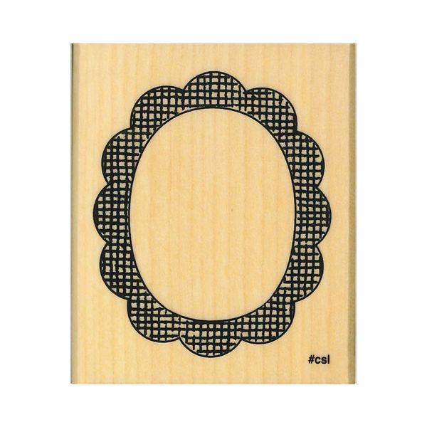 Wooden stamp with black decorative border on a white background