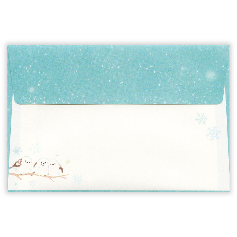 Envelopes with winter design featuring birds and snowflakes on a white background
