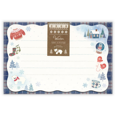 Winter-themed letter and envelope set with festive illustrations on a white background