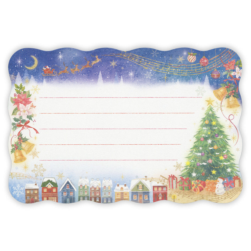 Christmas-themed letter paper with Santa Claus, reindeer, and a decorated tree on a snowy village background.