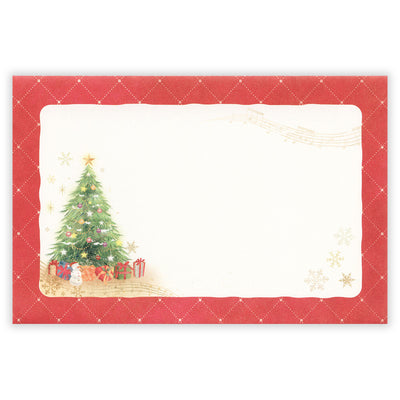 Christmas-themed envelope with a tree and presents on a red background