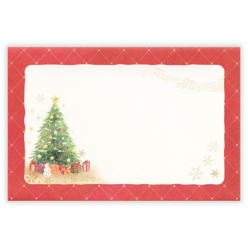 Christmas-themed envelope with a tree and presents on a red background