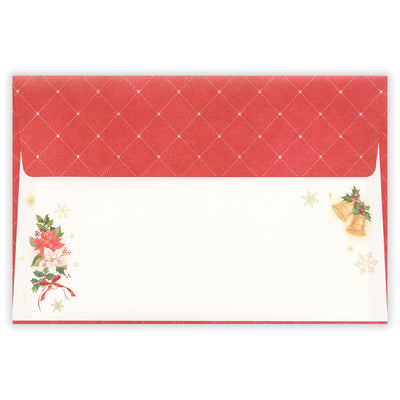 Red and white Christmas-themed envelope with floral and bell designs on a white background