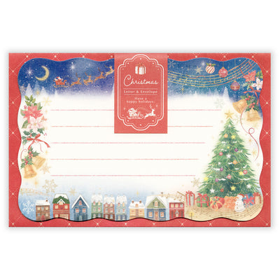 Christmas-themed letter and envelope set with festive designs on a white background