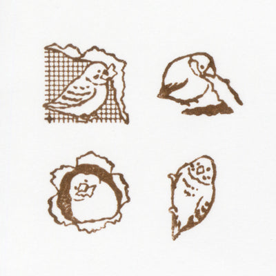 Set of four bird illustrations in brown on a white background