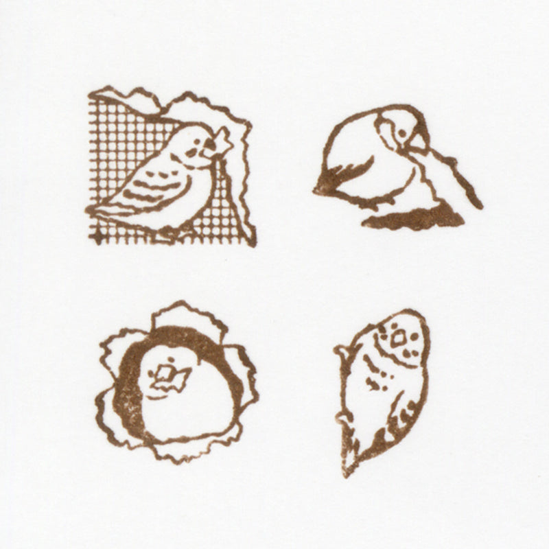 Set of four bird illustrations in brown on a white background