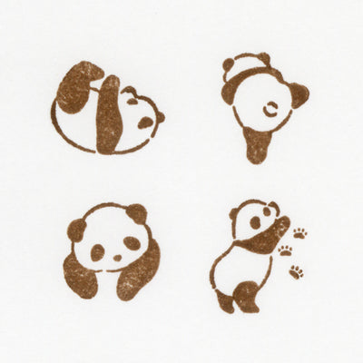 Set of four cartoon panda stamps on a white background