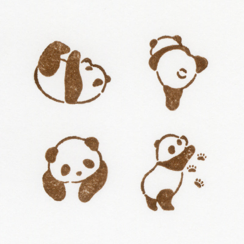 Set of four cartoon panda stamps on a white background