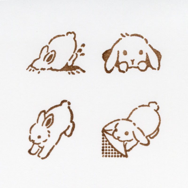 Set of four stylized illustrations of a rabbit in different poses on a white background.