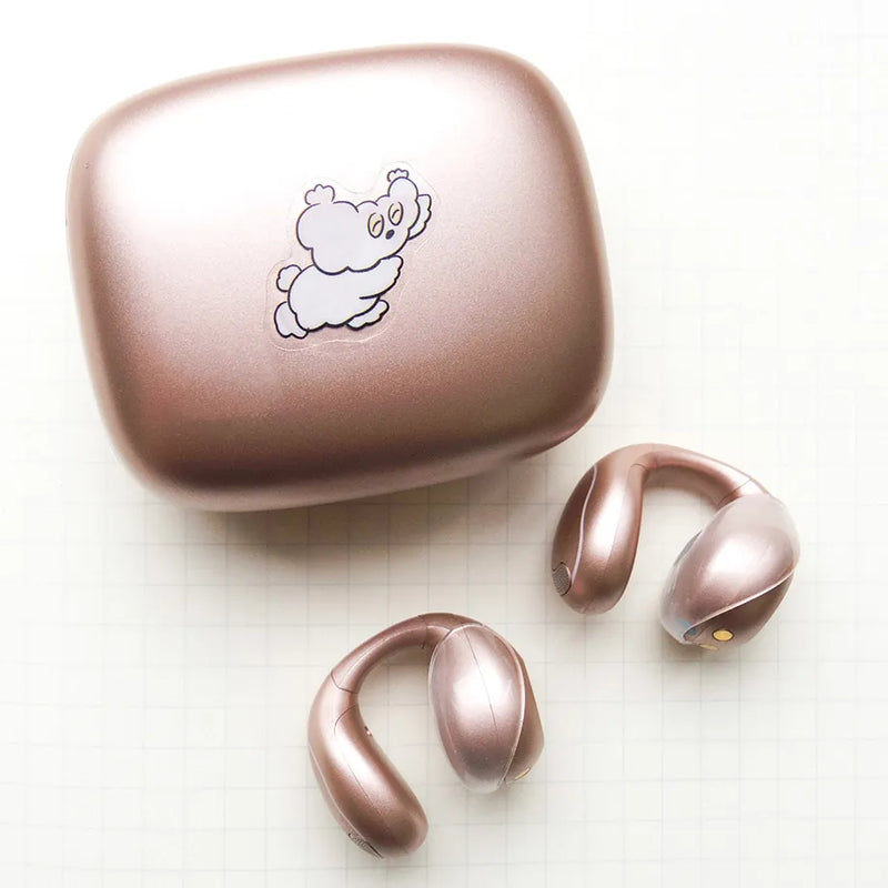 Rose gold wireless earbuds with charging case on a white background