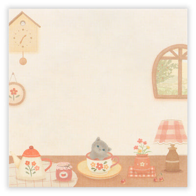 Illustration of a cozy room with a cat in a teacup, a birdhouse, and a window.