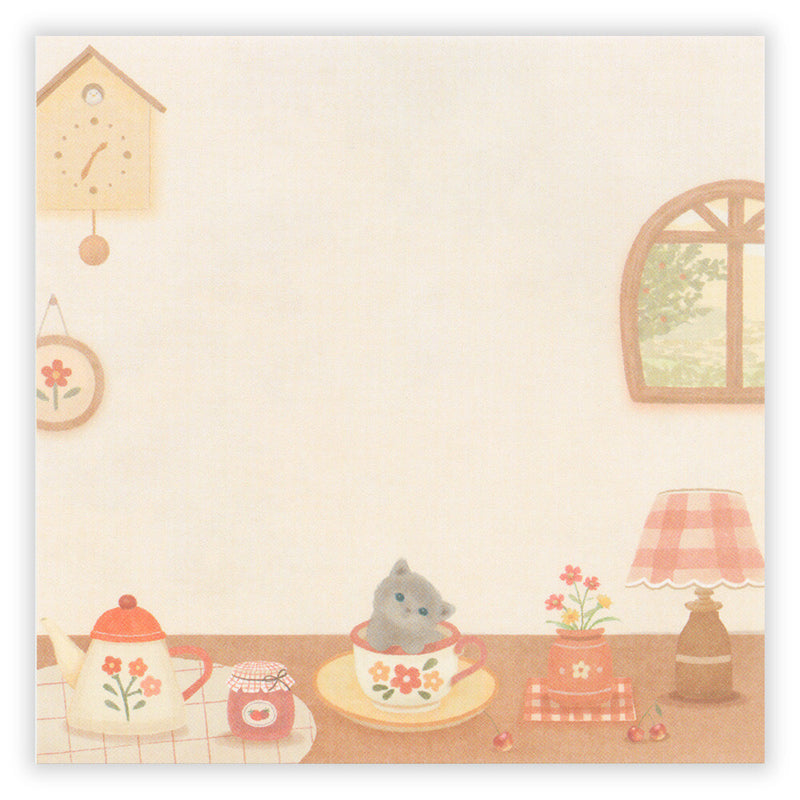 Illustration of a cozy room with a cat in a teacup, a birdhouse, and a window.