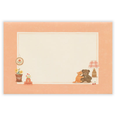 Illustration of two teddy bears sitting together with a lamp and plants on a peach-colored background