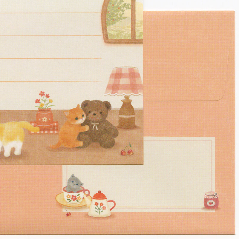 Illustration of a teddy bear and cat with a teacup on a peach-colored background