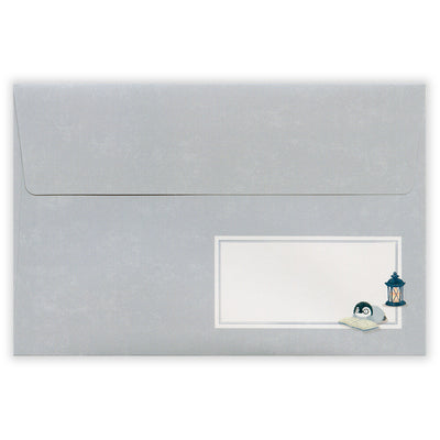 Gray envelope with a white windowed insert featuring a penguin and lantern design.