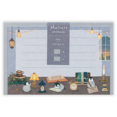 Illustration of a room with penguins, books, and a chalkboard on a white background