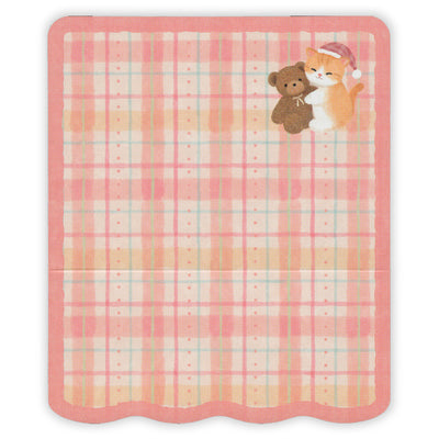 Plaid blanket with cartoon cat and teddy bear on a white background