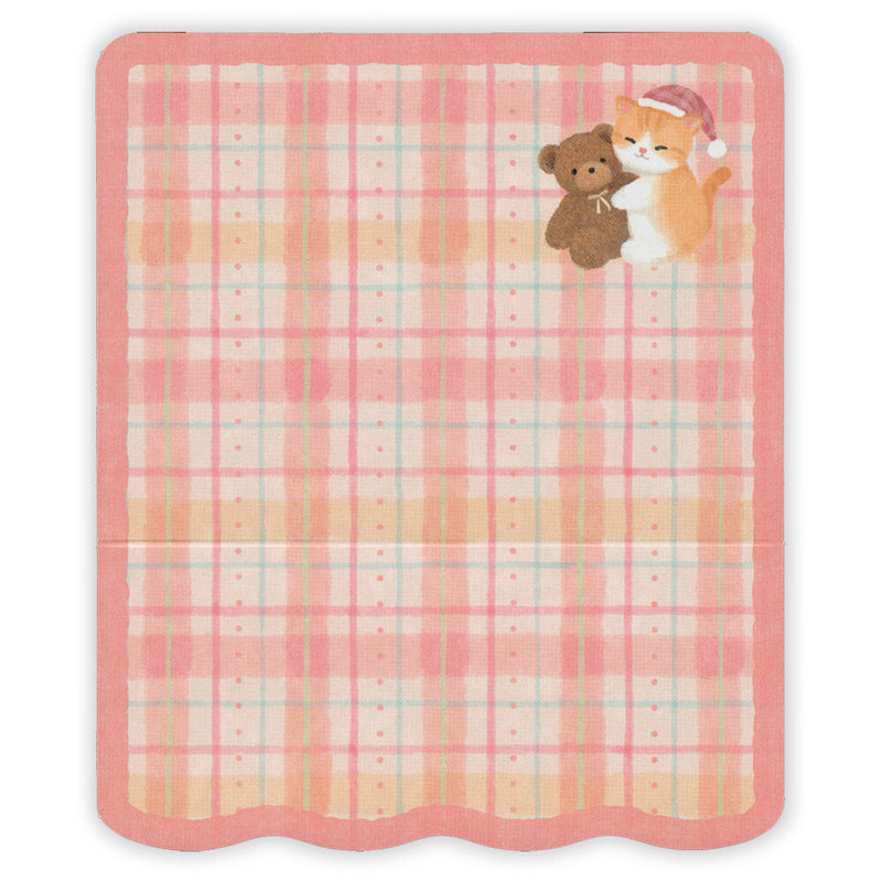 Plaid blanket with cartoon cat and teddy bear on a white background