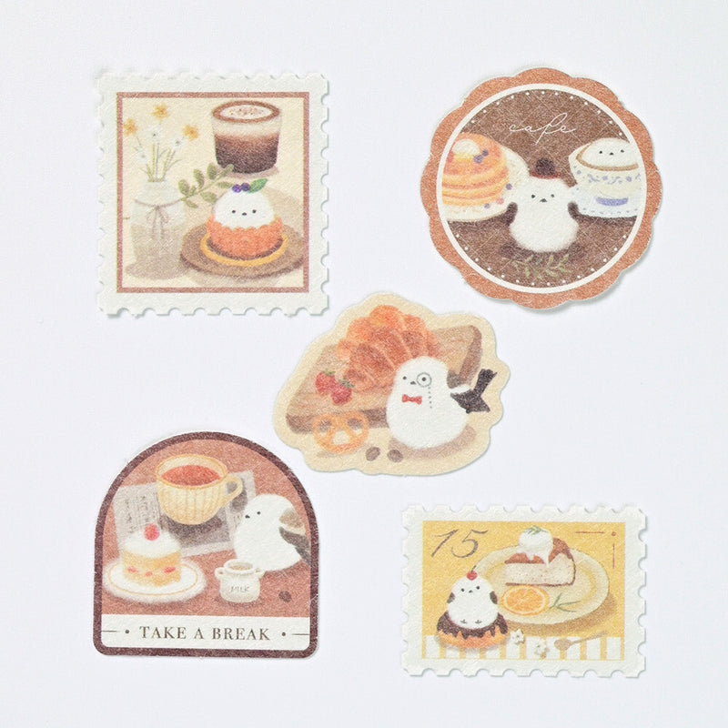 Set of cute illustrated stickers with animals and food on a light background