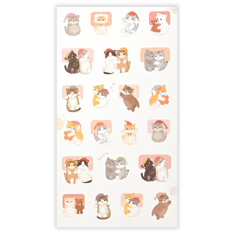 Sheet of small stickers with cute cat illustrations on a white background