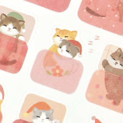 Illustrations of cats sleeping on cushions with a soft, pastel color palette.