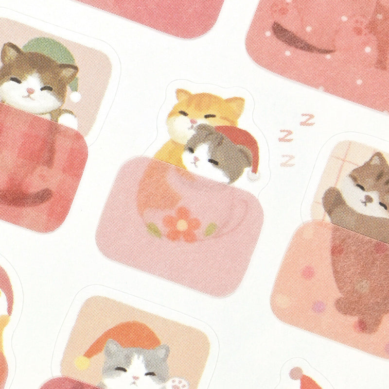 Illustrations of cats sleeping on cushions with a soft, pastel color palette.