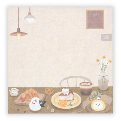 Illustration of a cozy dining scene with food and decor on a beige background