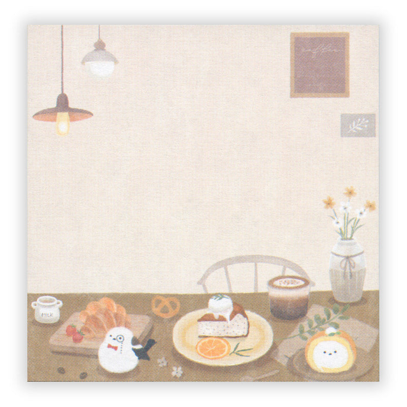 Illustration of a cozy dining scene with food and decor on a beige background