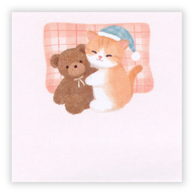Illustration of a cat holding a teddy bear with a checkered blanket in the background