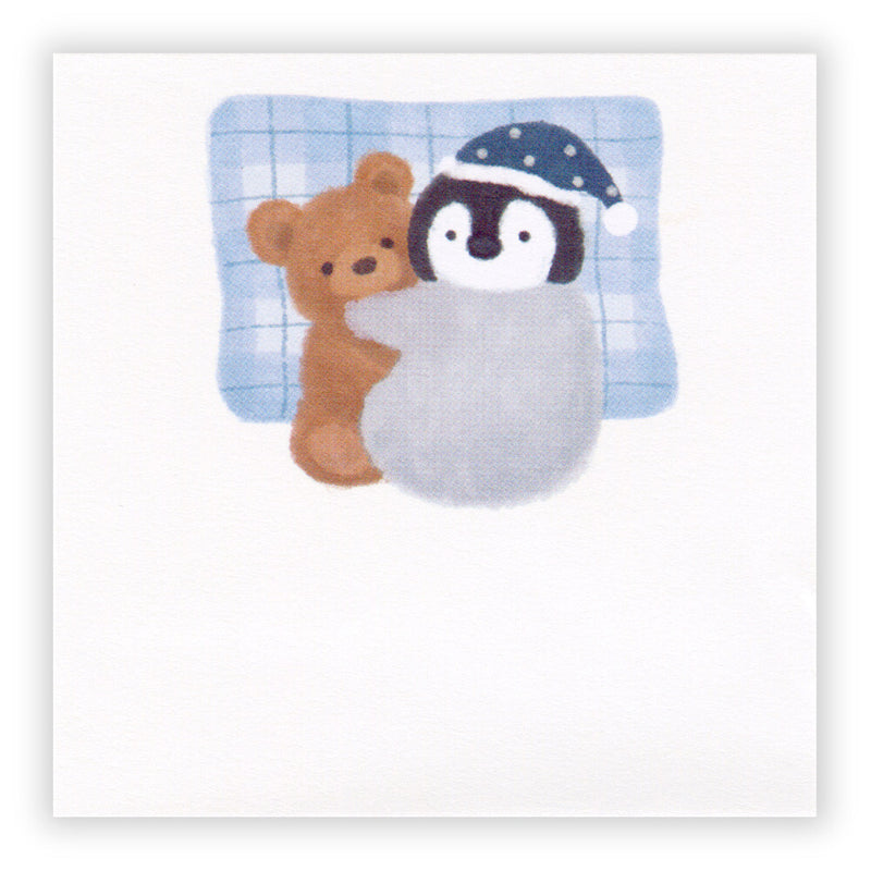 Stuffed toy penguin wearing a nightcap hugging a teddy bear on a blue checkered background