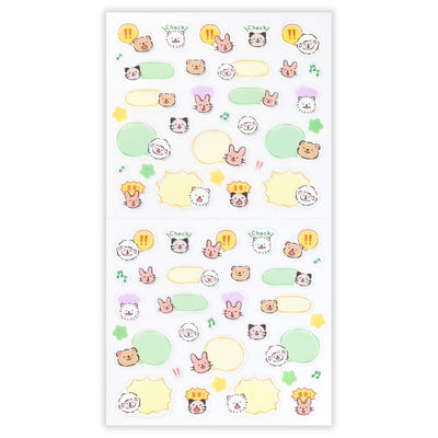 Sheet of colorful stickers with cartoon characters and speech bubbles on a white background