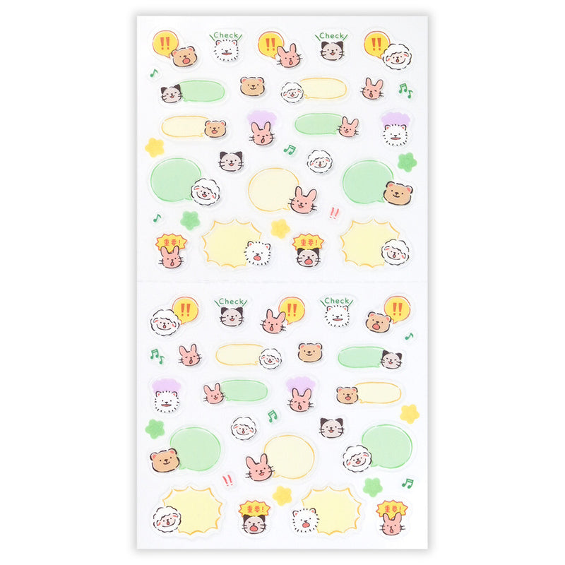 Sheet of colorful stickers with cartoon characters and speech bubbles on a white background