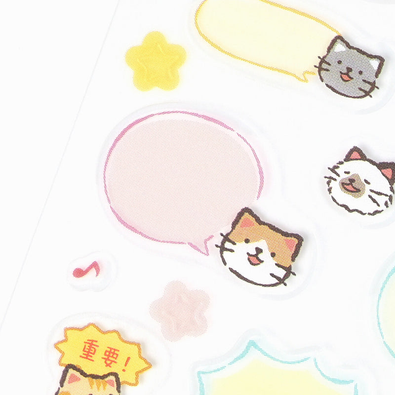 Set of cute cartoon cat stickers with speech bubbles and expressions on a white background