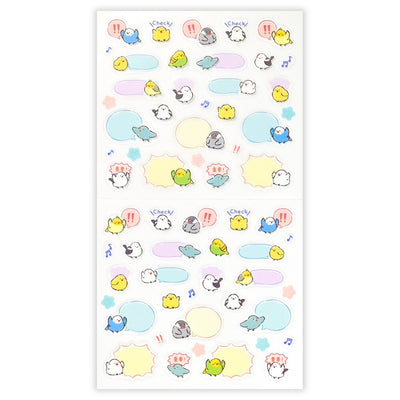 Sticker sheet with colorful cartoon characters and speech bubbles on a white background