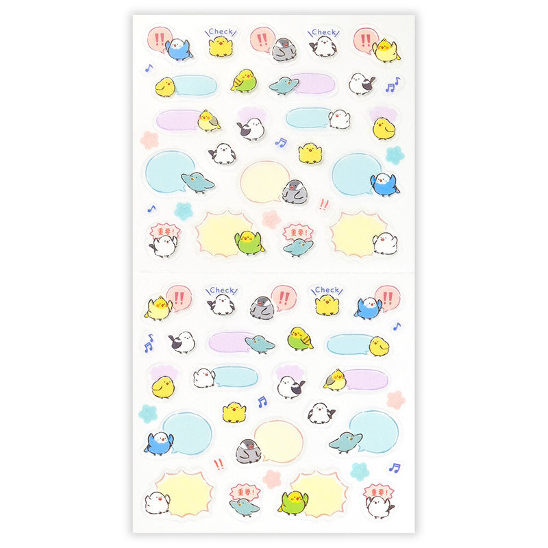 Sticker sheet with colorful cartoon characters and speech bubbles on a white background