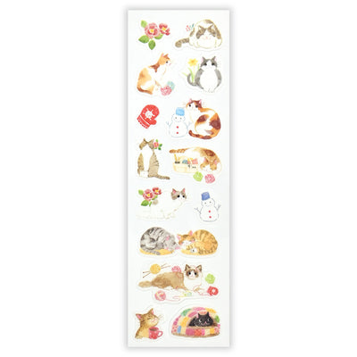 Sheet of cat-themed stickers with various designs on a white background
