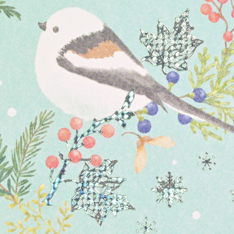 Illustration of a bird on a branch with berries and snowflakes on a light blue background