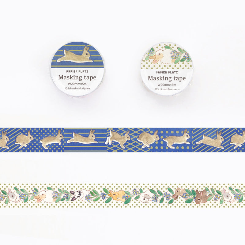 Papier Platz x Schinako Moriyama Gold Foil Washi Tape - Rabbit and Forget Me Not