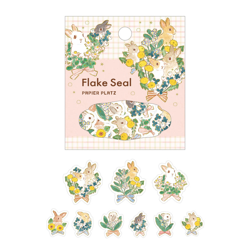 Papier Platz x Schinako Moriyama Gold Foil Washi Sticker Flakes - Rabbit and Bouquet 53-025