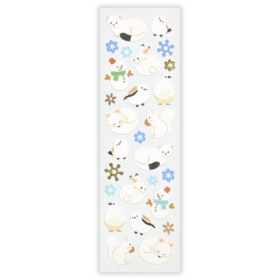 Sheet of decorative stickers featuring snowmen and snowflakes on a white background